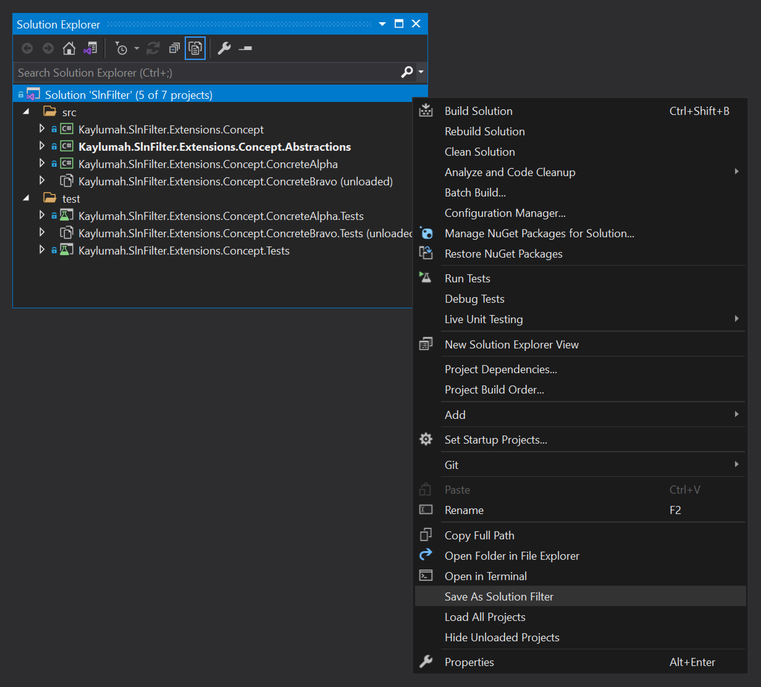 Visual Studio 2019 - Save as Solution Filter