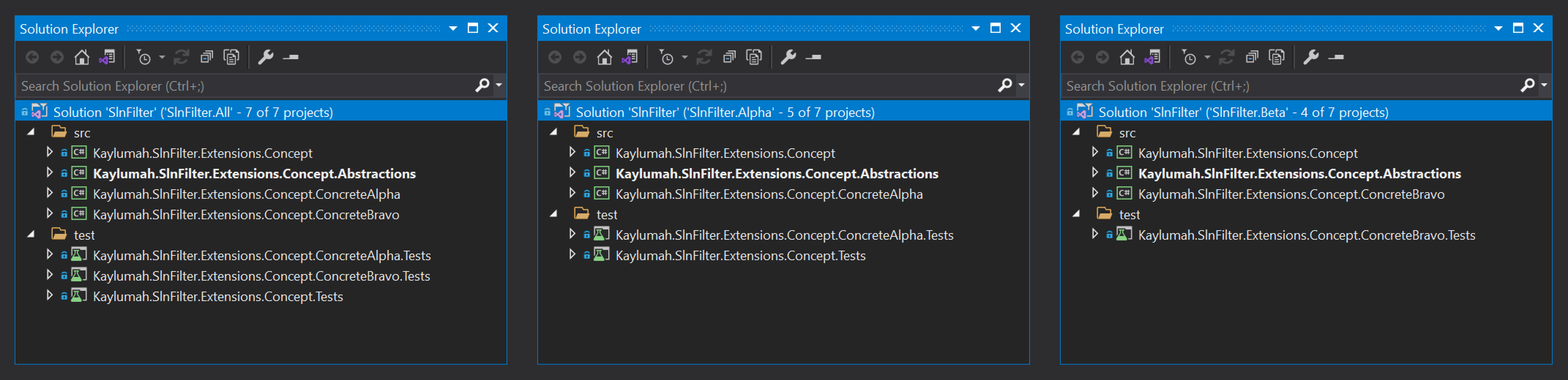 Visual Studio 2019 - Solution Filter Scenarios Compared