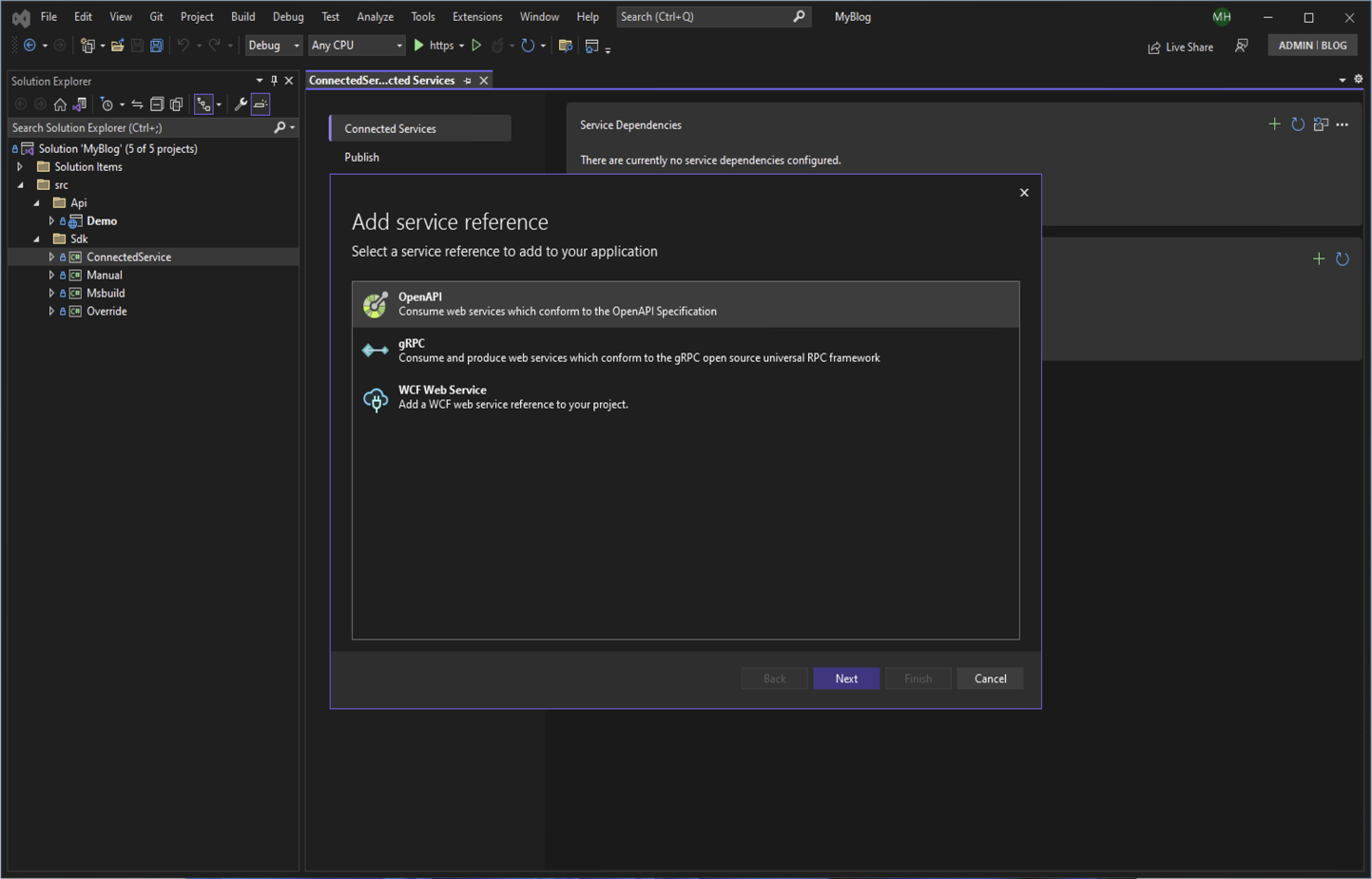 Microsoft Visual Studio - Select service reference type